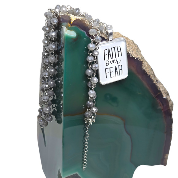 The Vintage Sparrow Faith Over Fear Gray Faceted Bead Silver Tone Necklace QVC - Picture 2 of 5
